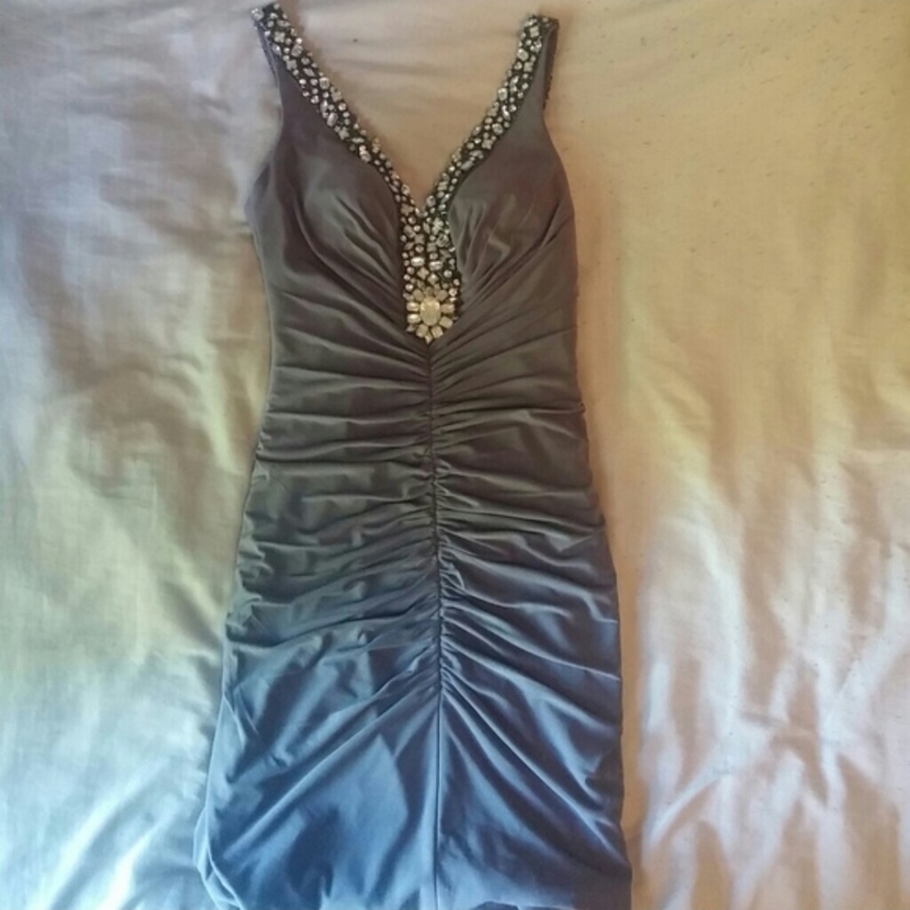 Copy Jovani gray ruched jeweled beaded dress